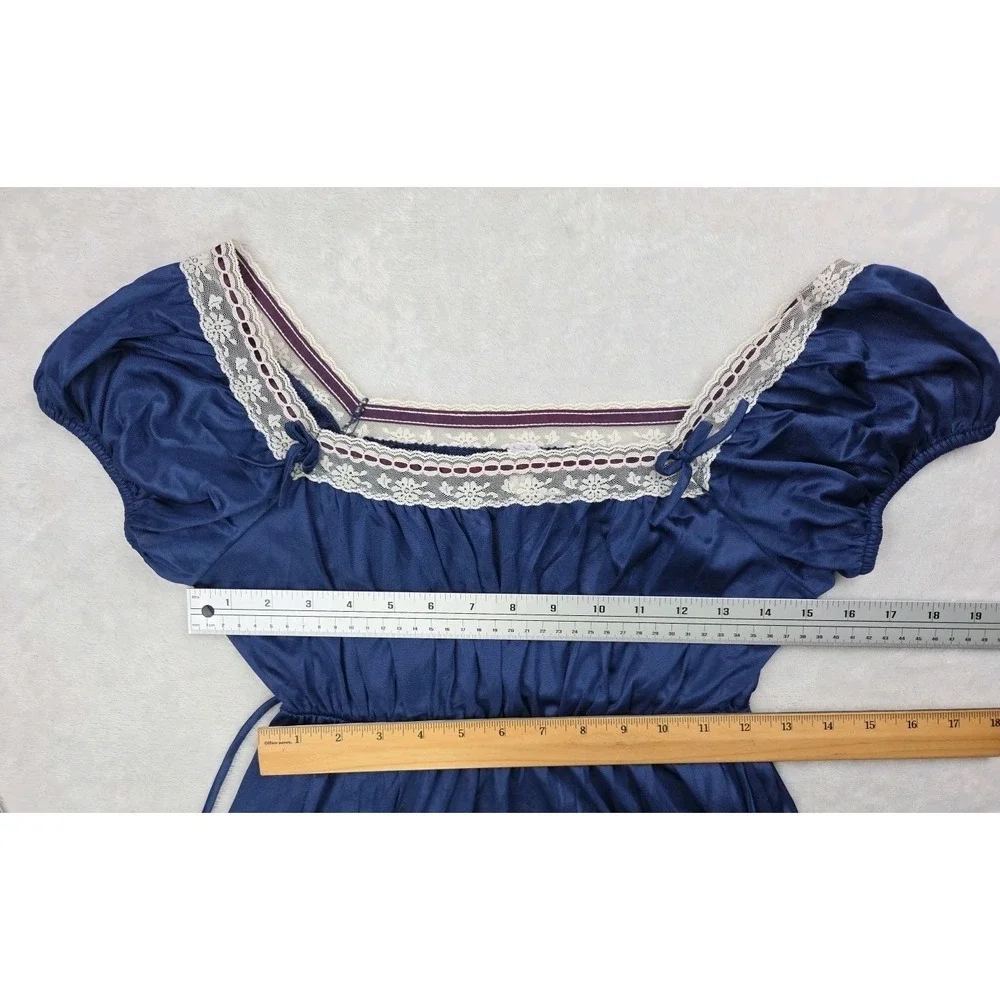 Vtg‎ 70s Dark Romantic Long Nightgown Nylon Lace Bows Off Shoulder Puff Sleeve M